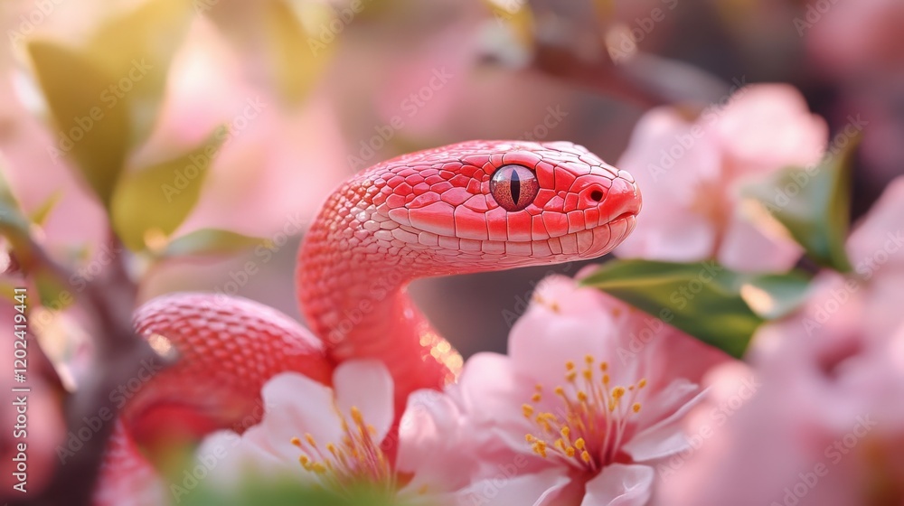 Fototapeta premium Pink Snake Among Delicate Pink Blossoms