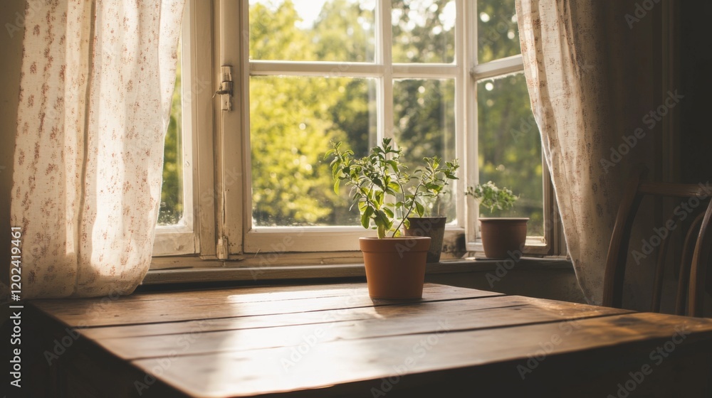 Fototapeta premium Sunlit rustic wooden table near window with potted plants.