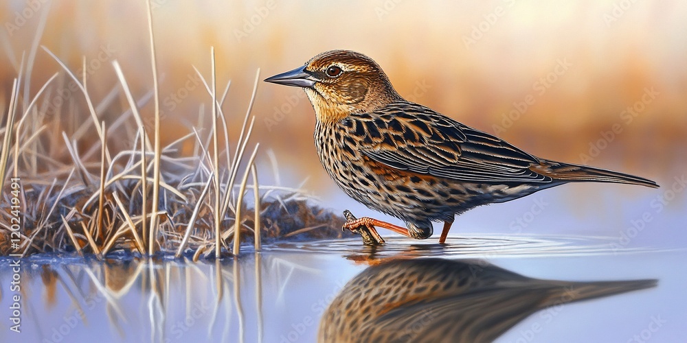 Female bird by water, marsh grasses, autumn. Wildlife photography