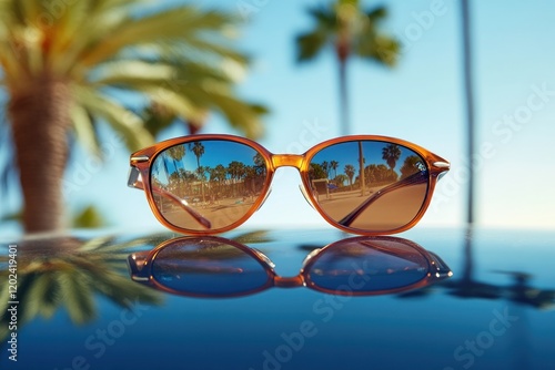 Sunglasses reflecting beach palms, car roof, sunny day, travel ad photo