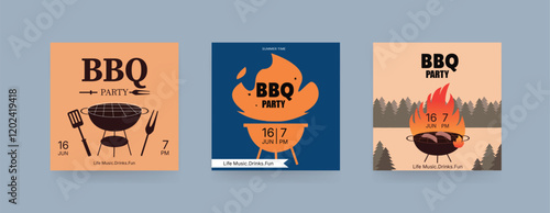 Set of BBQ Invitation Banner, barbeque invitation, Barbecue Square banner. Retro Style.