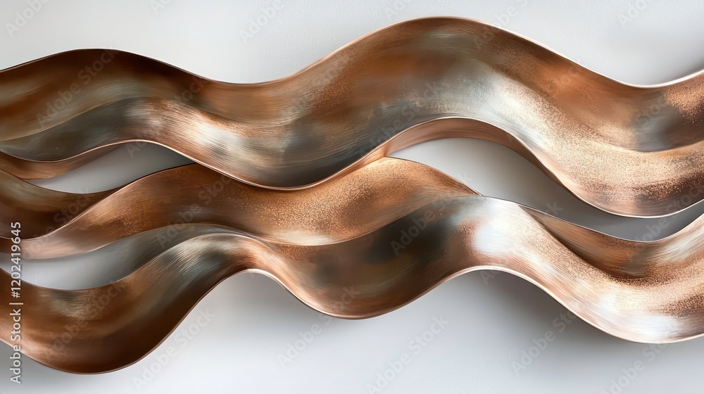 Abstract wall sculpture featuring flowing copper waves in a dynamic design. Ideal as a modern decorative piece for home or office interiors. Abstract wall sculpture featuring flowing copper waves in a dynamic design. Ideal as a modern decorative piece for home or office interiors.