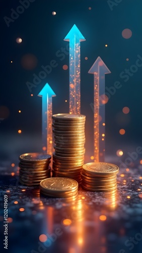 coins and upward arrows, financial growth and investment success, profit, economy, capital, income