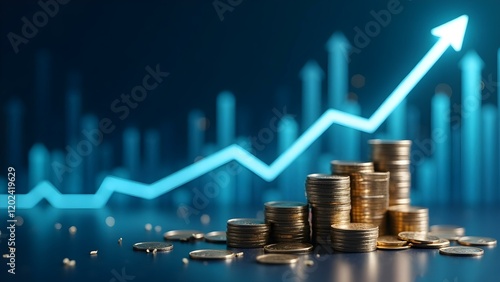 coins and upward arrows, financial growth and investment success, profit, economy, capital, income