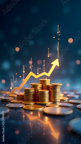coins and upward arrows, financial growth and investment success, profit, economy, capital, income