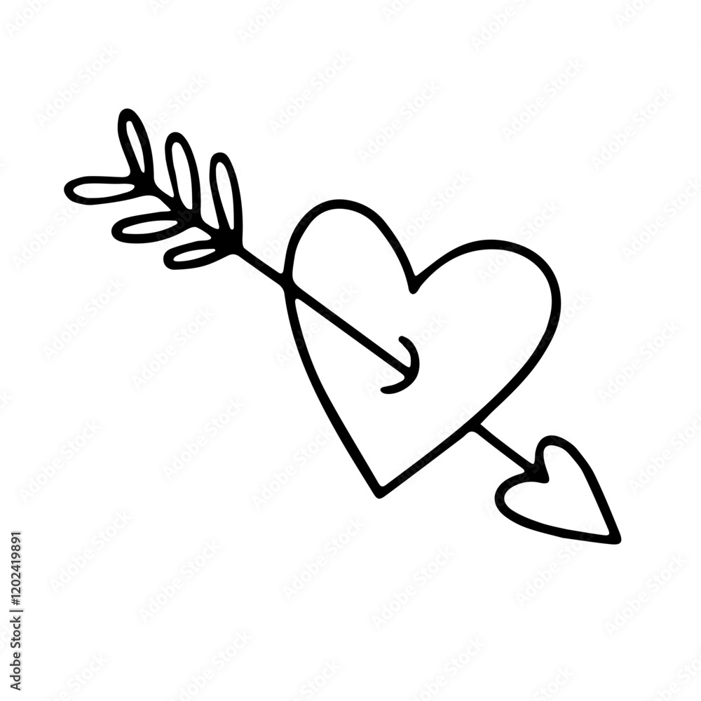 Vector contour drawing of a heart with an arrow. Vector contour drawing of a heart with an arrow.