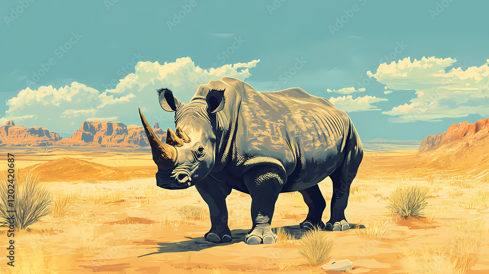 Fototapeta premium Rhino encounter in the desert wildlife illustration vibrant landscape artistic viewpoint conservation awareness. Exotic Wildlife Encounter. Illustration