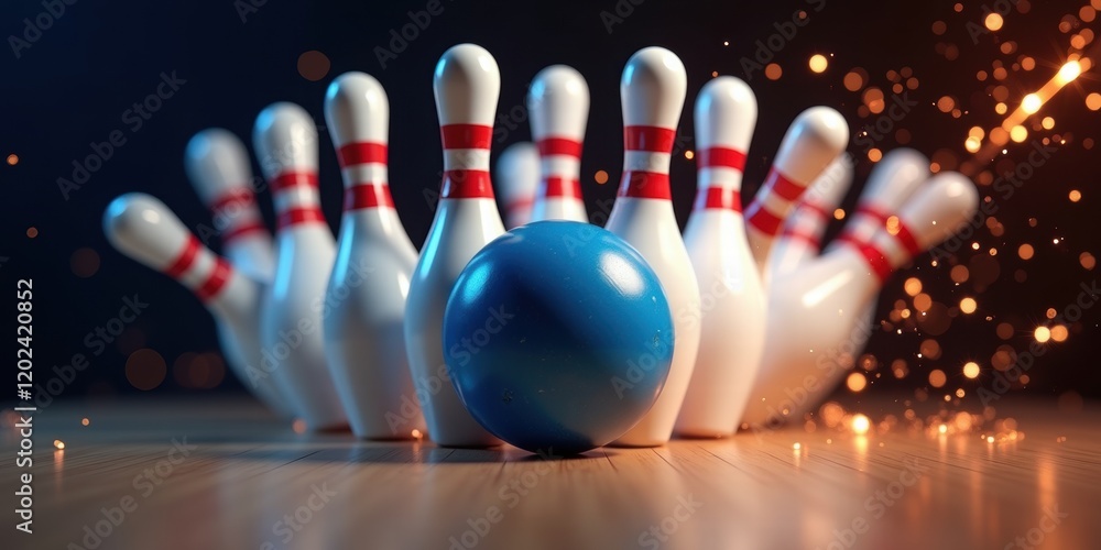 Naklejka premium A dynamic close-up of a blue bowling ball heading towards a set of pins, capturing the excitement and energy of bowling.