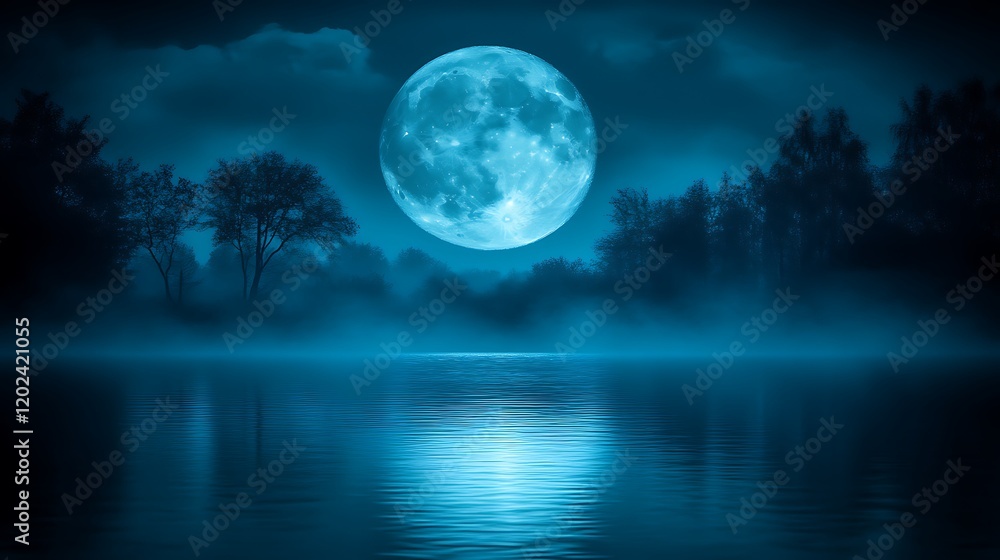 Fototapeta premium A mystical full moon over a tranquil foggy lake and forest