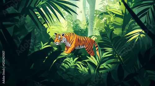 Tiger encounter in tropical jungle wildlife photography lush environment close-up view captivating nature experience. Exotic Wildlife Encounter. Illustration photo