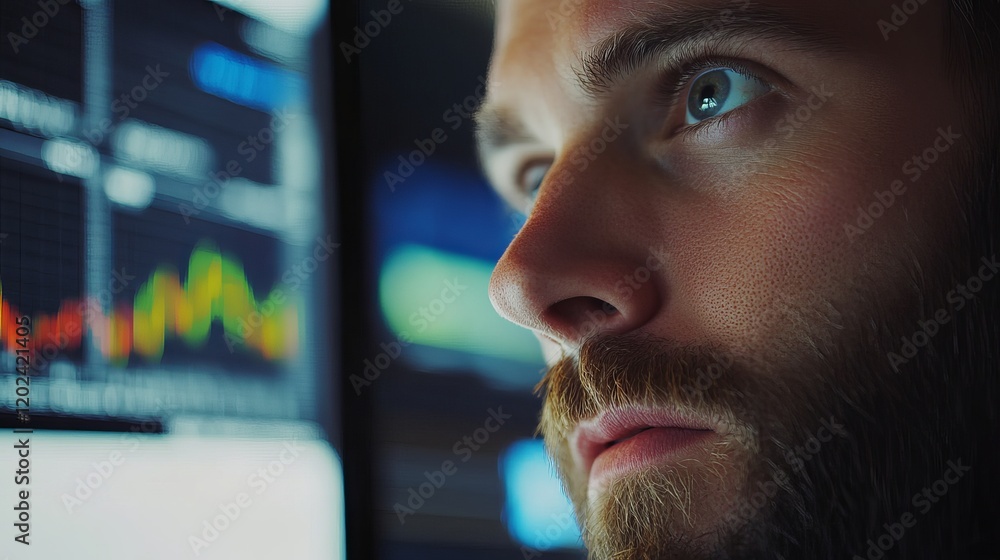 Focused Analyst Studying Digital Data on Multiple Monitors Focused Analyst Studying Digital Data on Multiple Monitors