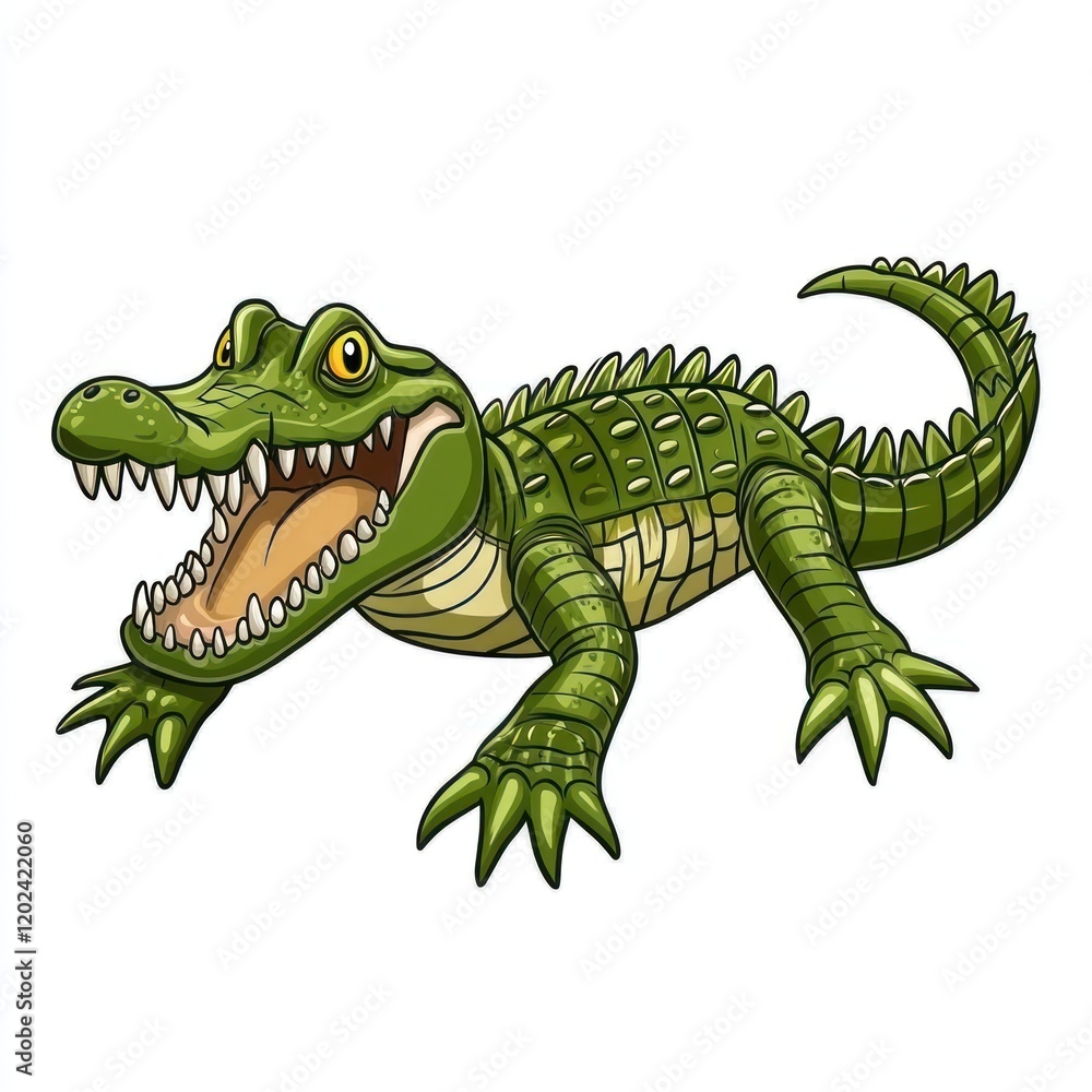 Fototapeta premium Cartoon alligator, open mouth, white background, children's book illustration