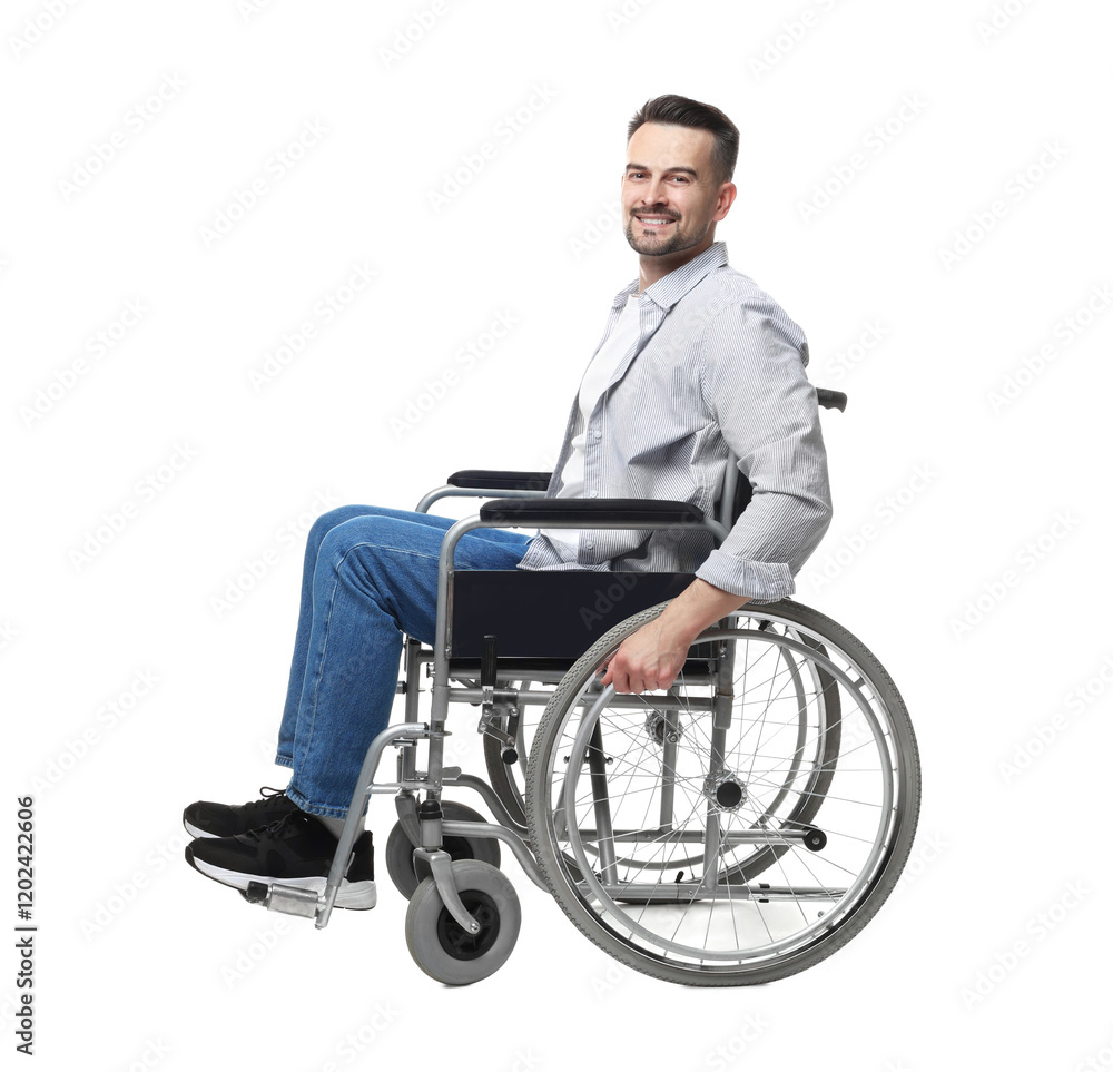 Smiling man in wheelchair on white background Smiling man in wheelchair on white background