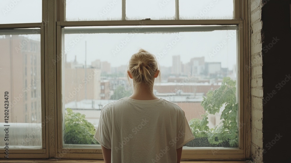 Person looking out large window at city view. Person looking out large window at city view.