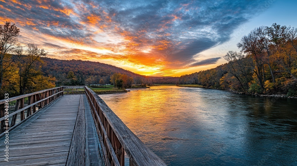 Fototapeta premium Vibrant sunrise over calm river, reflecting colors in water, wooden bridge foreground, autumn foliage on hills.