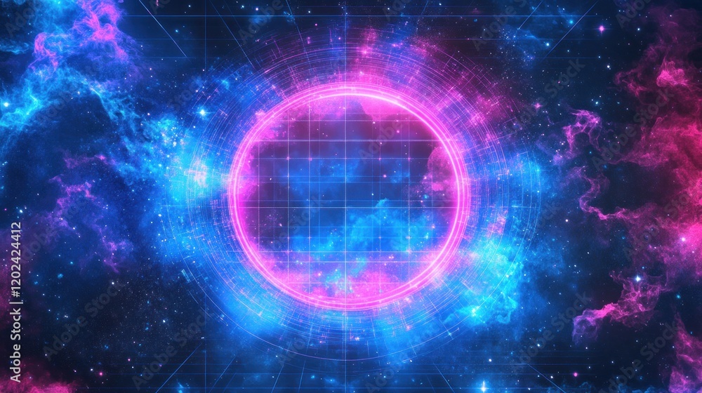 Obraz premium Abstract cosmic background with glowing circle and grid overlay.