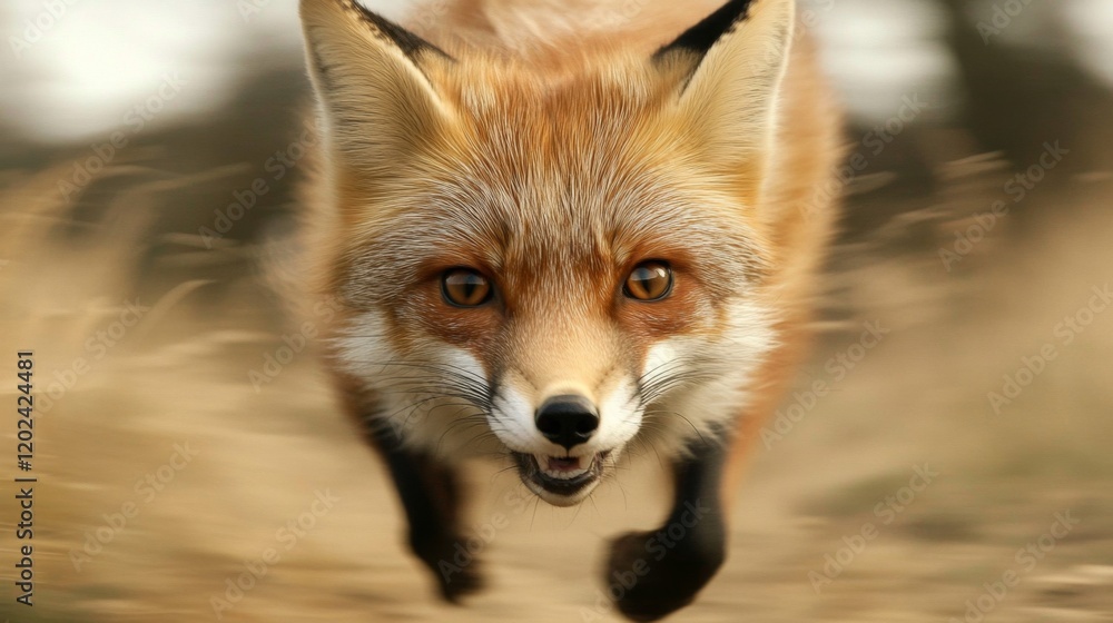 Fototapeta premium Red fox running towards camera, blurred background.