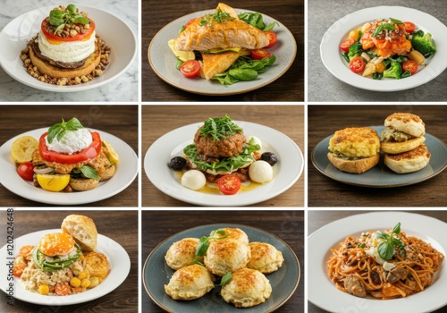 Food photography, restaurant menu items, diverse cuisine, colorful dishes, fresh ingredients, appetizing presentation, rustic wooden background, high-contrast lighting, overhead view, plate compositio