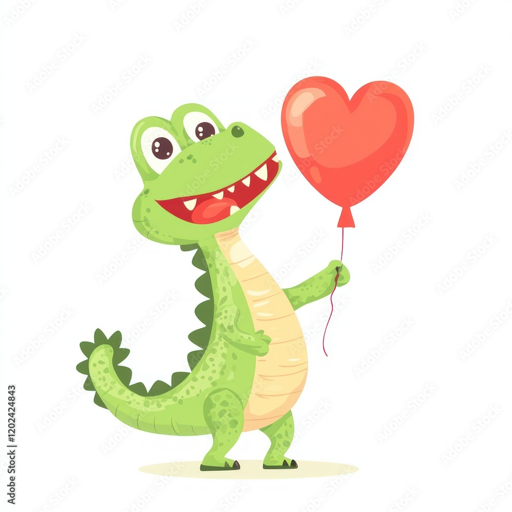 Obraz premium Happy crocodile holding heart balloon; Valentine's Day card