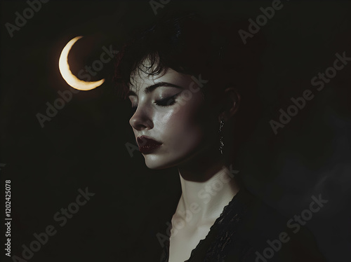 Crescent Moon and Woman: A Dark and Dreamy Portrait photo