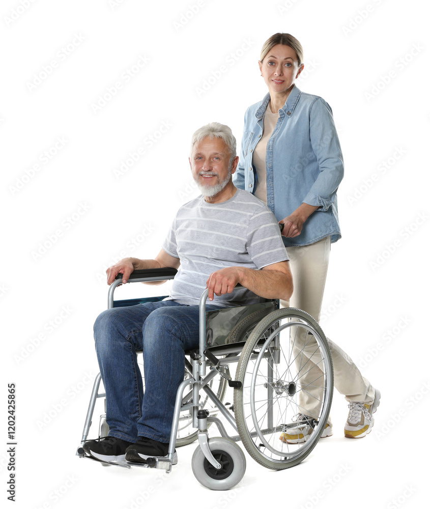 Woman with senior man in wheelchair on white background Woman with senior man in wheelchair on white background