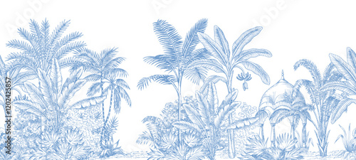  Blue Indian toile jungle seamless border. Tropical palm tree, plants, architecture mural.	