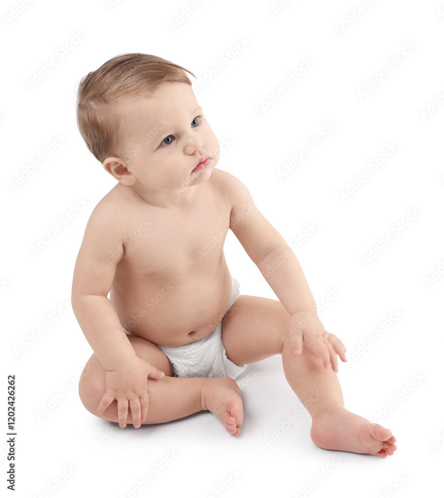 Cute little baby in diaper on white background Cute little baby in diaper on white background