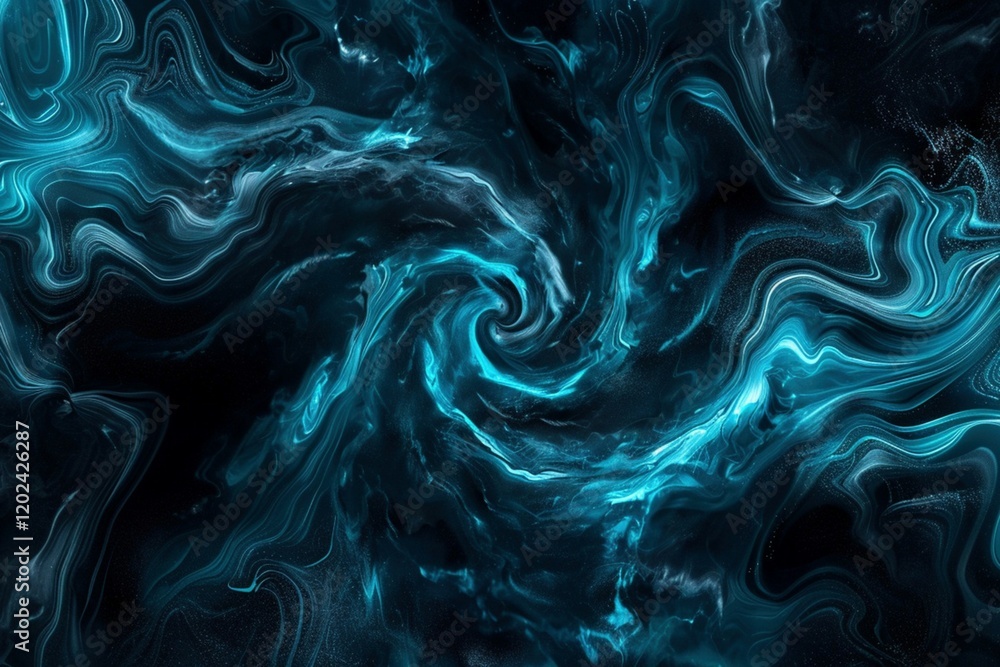 Obraz premium Dark swirling cosmic vortex resembling a black hole with glowing blue and white energy.