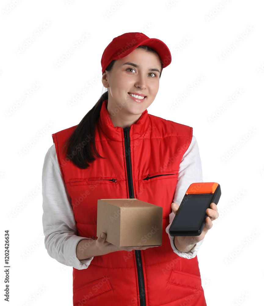 Happy courier with payment terminal and parcel on white background Happy courier with payment terminal and parcel on white background