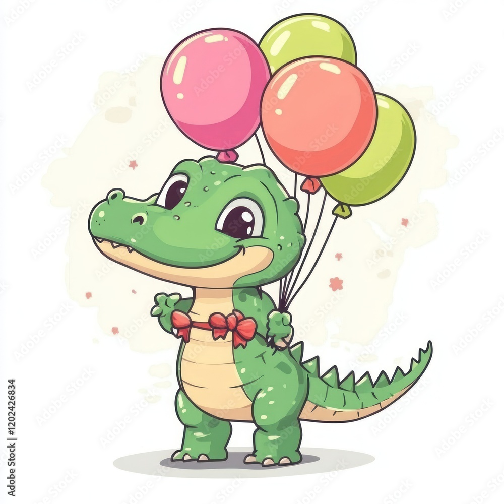 Obraz premium Cute crocodile holding balloons, celebration, pastel background, children's illustration
