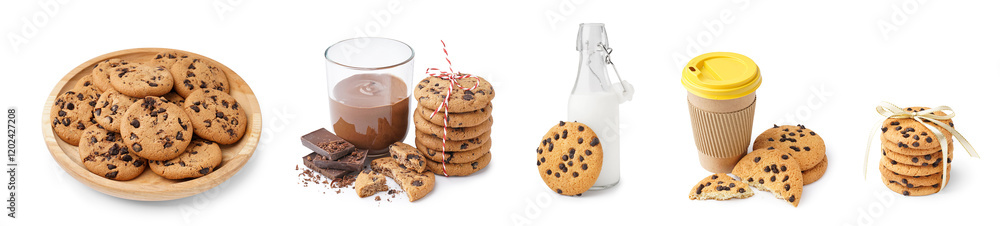 Set of sweet cookies with chocolate chips and drinks on white background Set of sweet cookies with chocolate chips and drinks on white background