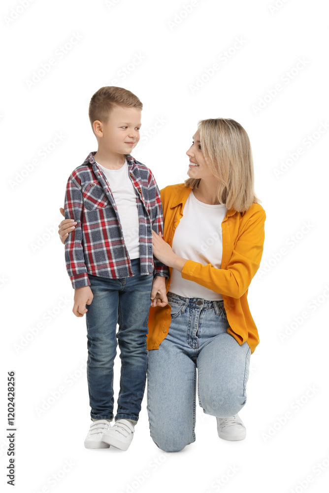 Happy mother with her cute little son on white background Happy mother with her cute little son on white background