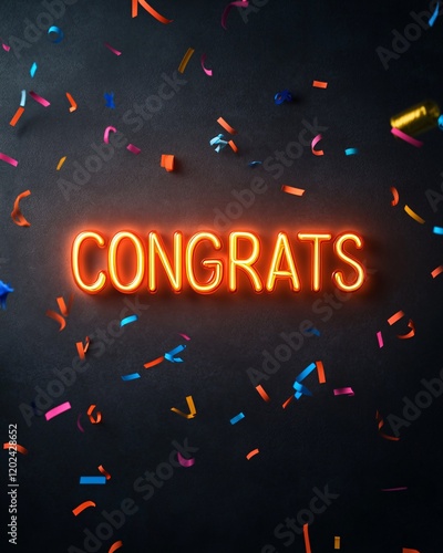 Neon Congrats Sign with Colorful Confetti photo