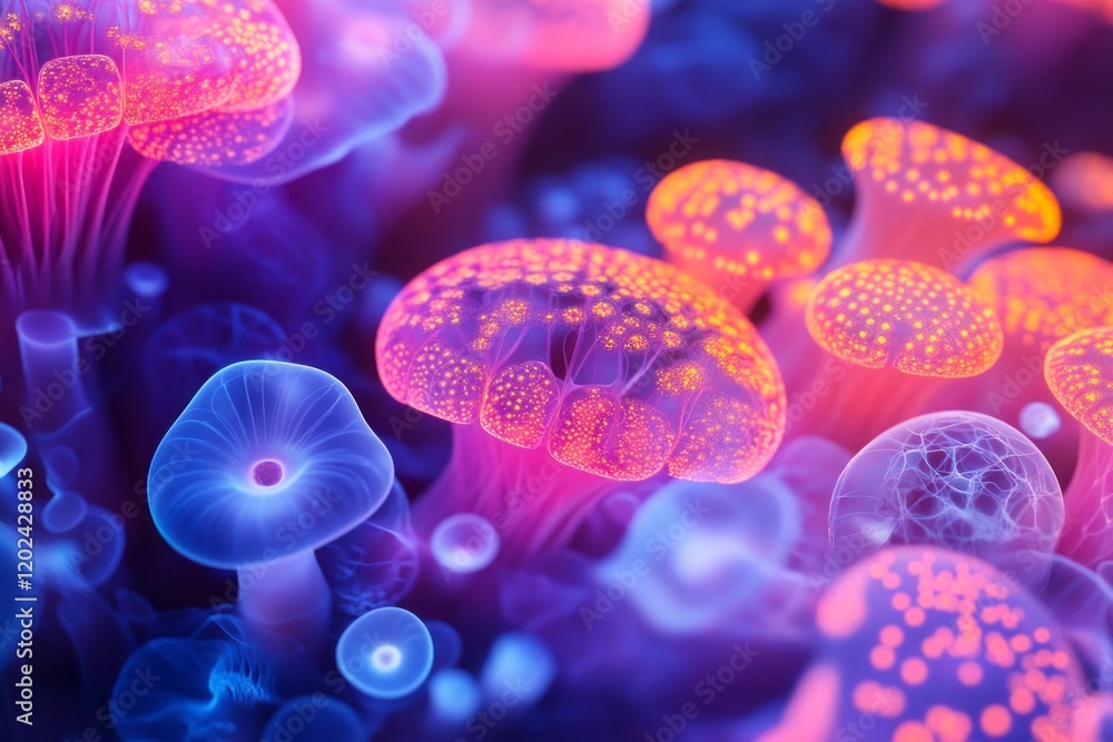 Obraz premium Glowing bioluminescent fungi cluster in vibrant hues