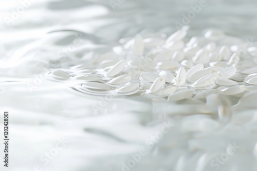 Rice grains in water. Featuring white rice soaking in water. Highlighting the preparation process. Ideal for culinary and kitchen visuals. photo