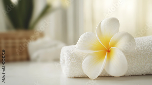 A single plumeria flower with soft, delicate petals on a blurred spa background