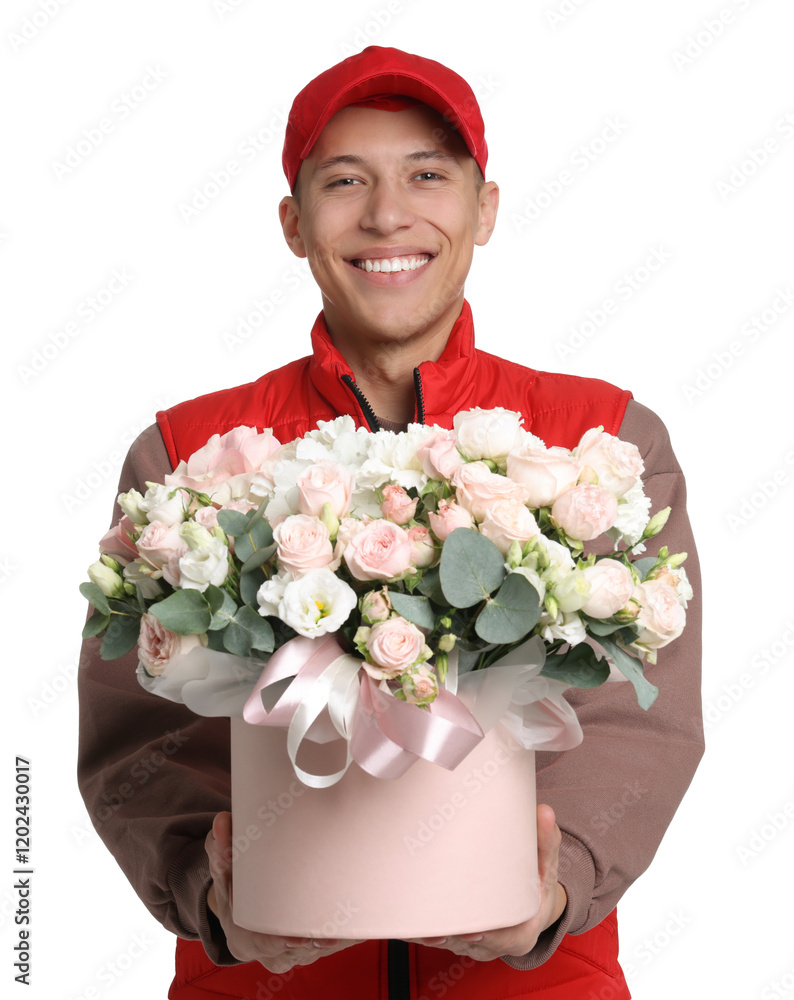 Smiling delivery man holding gift box with beautiful floral composition on white background Smiling delivery man holding gift box with beautiful floral composition on white background