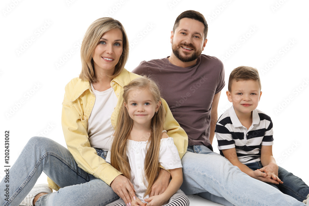 Happy parents and their children on white background Happy parents and their children on white background