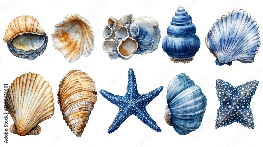 Obraz premium Set of watercolor sea shells and starfish. Hand drawn illustration
