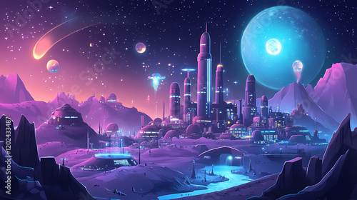 Fototapeta Naklejka Na Ścianę i Meble -  Humanity's cosmic expansion is represented by a futuristic space station orbiting a glowing lunar city. Futuristic Space Colony. Illustration
