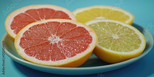 Sliced Grapefruits on Blue Table photo