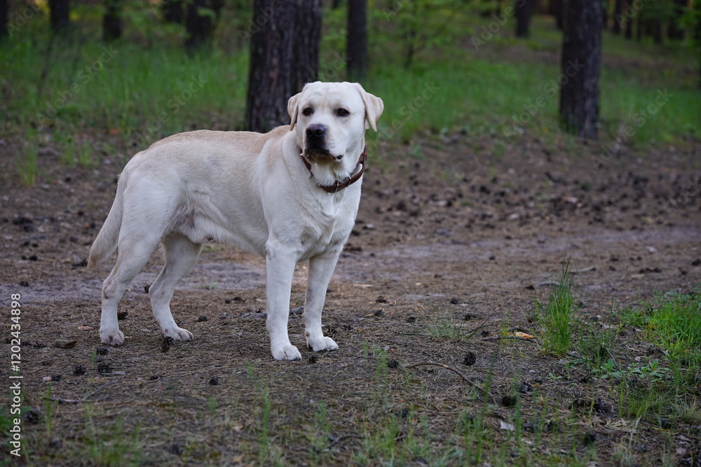 Labrador retriever dog on a walk in the forest in spring Labrador retriever dog on a walk in the forest in spring