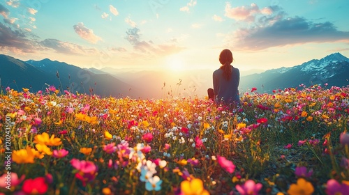 Fototapeta Naklejka Na Ścianę i Meble -  Woman enjoying sunset over mountain wildflowers