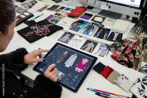 Creative fashion designer developing clothing designs on tablet for innovative projects