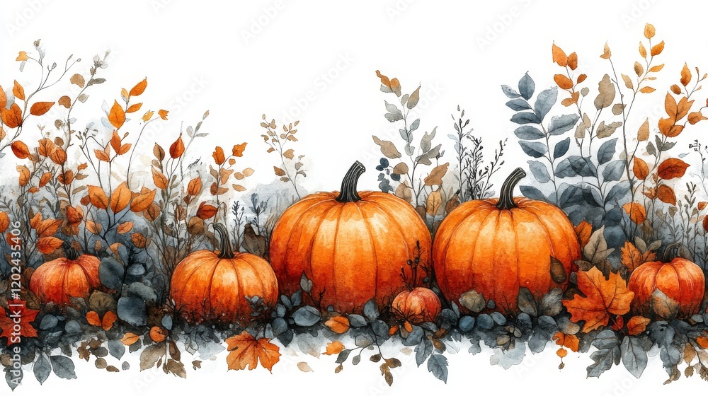 Autumn background with pumpkins and leaves. Hand drawn watercolor illustration Autumn background with pumpkins and leaves. Hand drawn watercolor illustration