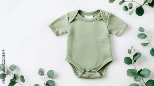 Baby bodysuit mockup apparel design concept. Baby onesie surrounded by greenery on a light background.