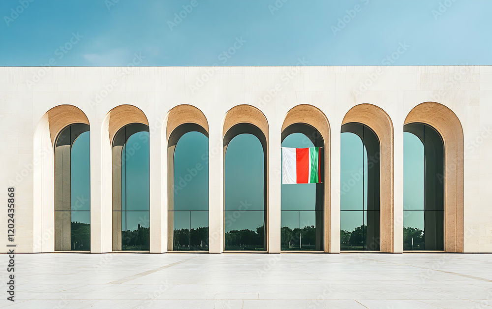 Fototapeta premium UAE Architecture: Modern Minimalist Building with Flag