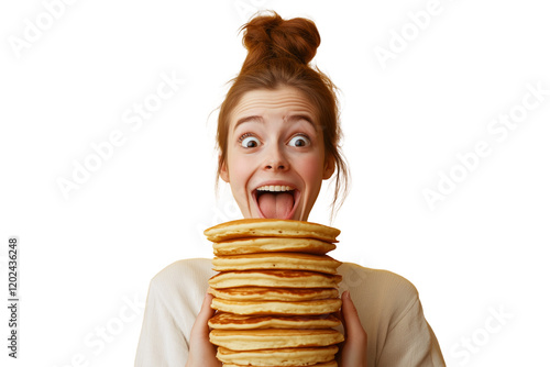 Happy Person with a Giant Stack of Delicious Pancakes Ready to Eat for Breakfast fun food meal cute 