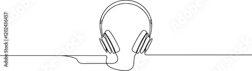  Headphones one continuous line drawing.Headset for listening to music line art . Earphones with a cable. Over Ear wired stereo headphones for podcast vector one line drawing.
