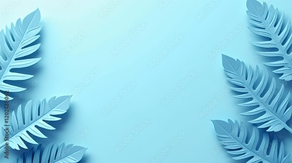 3D Render of Blue Tropical Leaves on a Blue Background 3D Render of Blue Tropical Leaves on a Blue Background